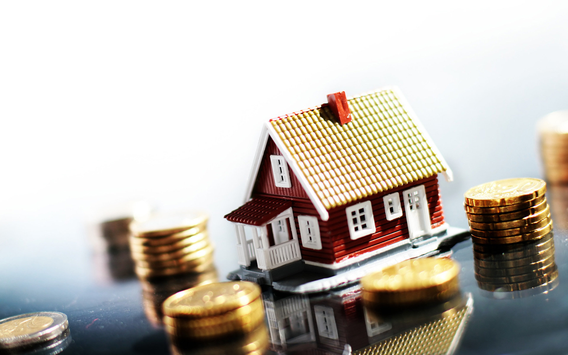 Little house and lot of money isolated on white